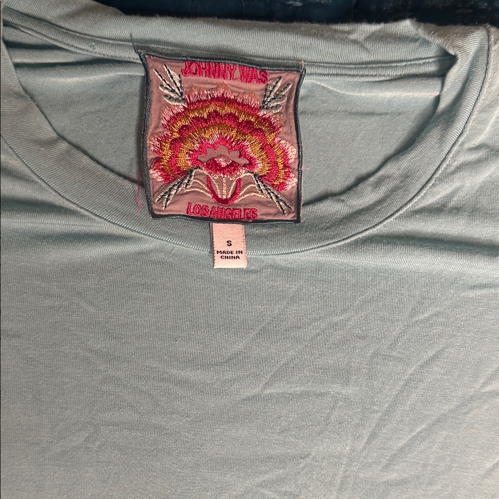 Johnny Was Sky Blue Tee with Embroidered Patch